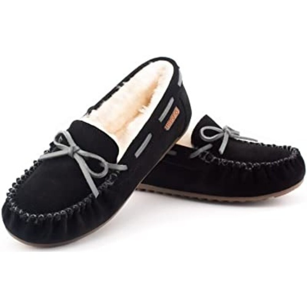 Parfeying Sheepskin Moccasins Shearling Cow Suede Winter Shoes Black Size 9 NWOB